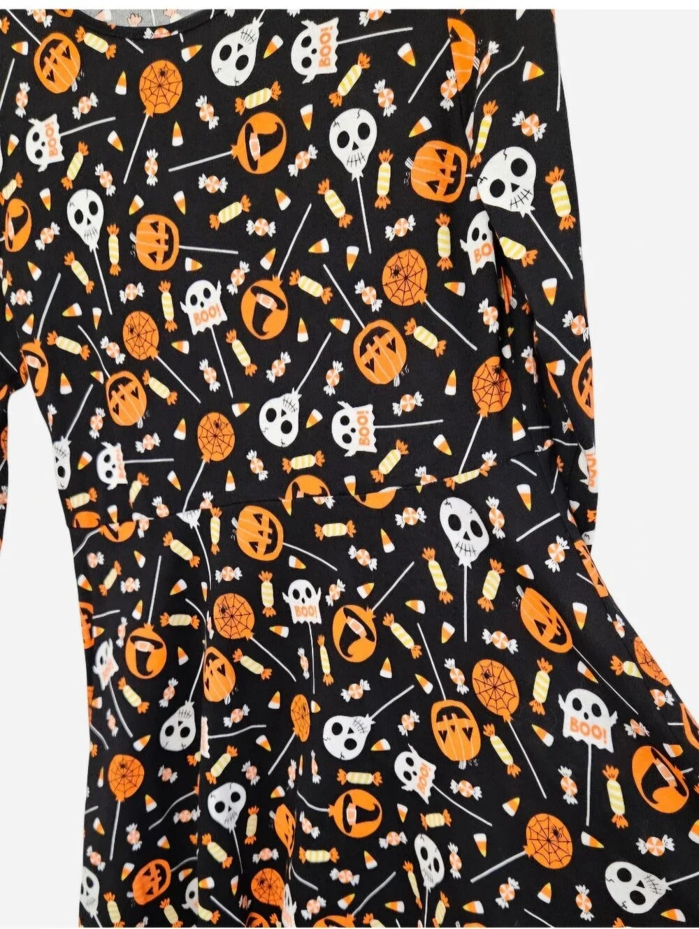 Halloween long sleeve dress orange & white skulls & bats black background, GIRLS